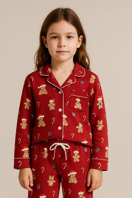 Katia & Bony Kız Çocuk Teddy Desenli Yılbaşı Temalı Pijama Takımı Kırmızı