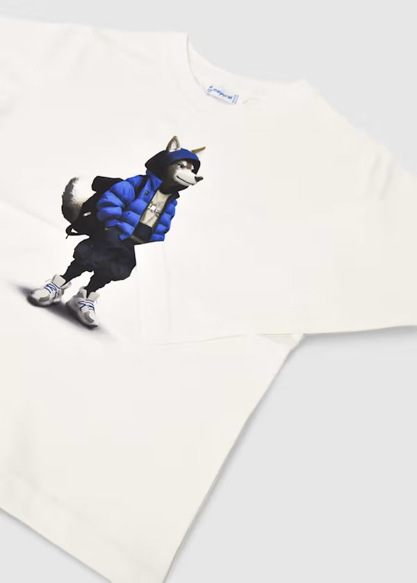 Mayoral Erkek Çocuk Uzun Kol Tshirt Kurt Baskılı Beyaz