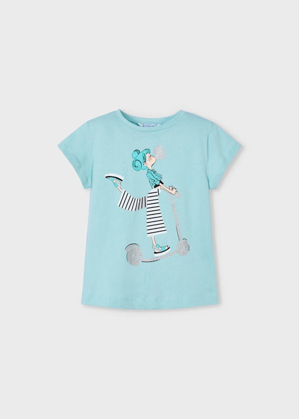 Mayoral Kız Çocuk Kısa Kol Tshirt Mavi Simli Baskılı