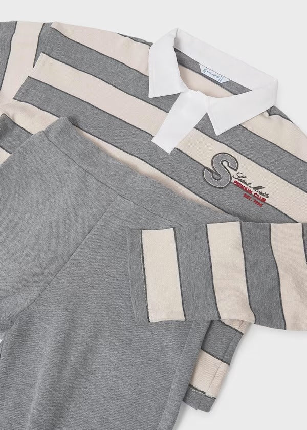 Mayoral KIz Çocuk Polo Yaka Tshirt Pantolon Takım Çizgili Gri