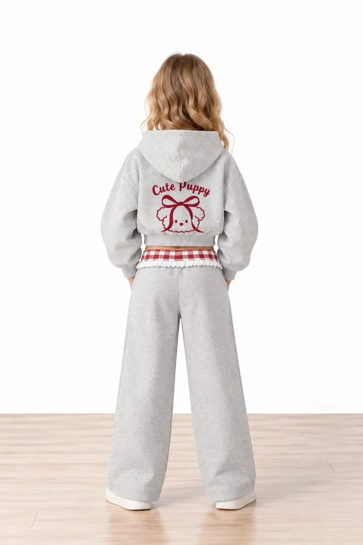 Miela Kids Crop Kapüşonlu Sweatshirt Gri Puppy Dream
