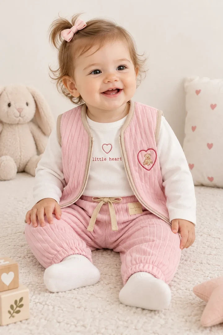 Miela Kids Kapitone Bebek Takımı Şeker Pembesi Teddy Bear Heart