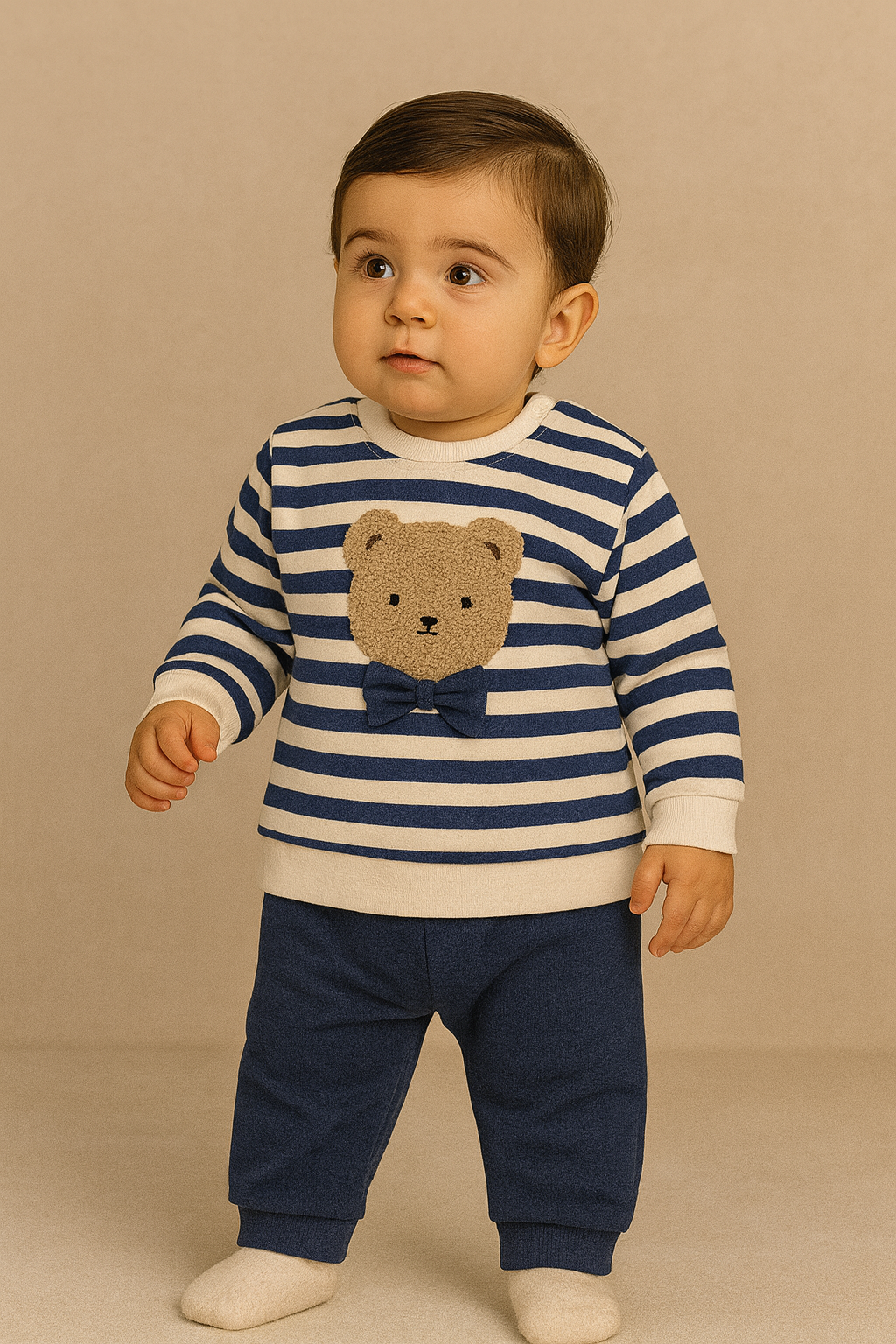 Katia & Bony Bebek Papyonlu Teddy Desenli Takım Lacivert