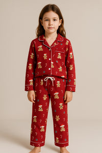 Katia & Bony Kız Çocuk Teddy Desenli Yılbaşı Temalı Pijama Takımı Kırmızı