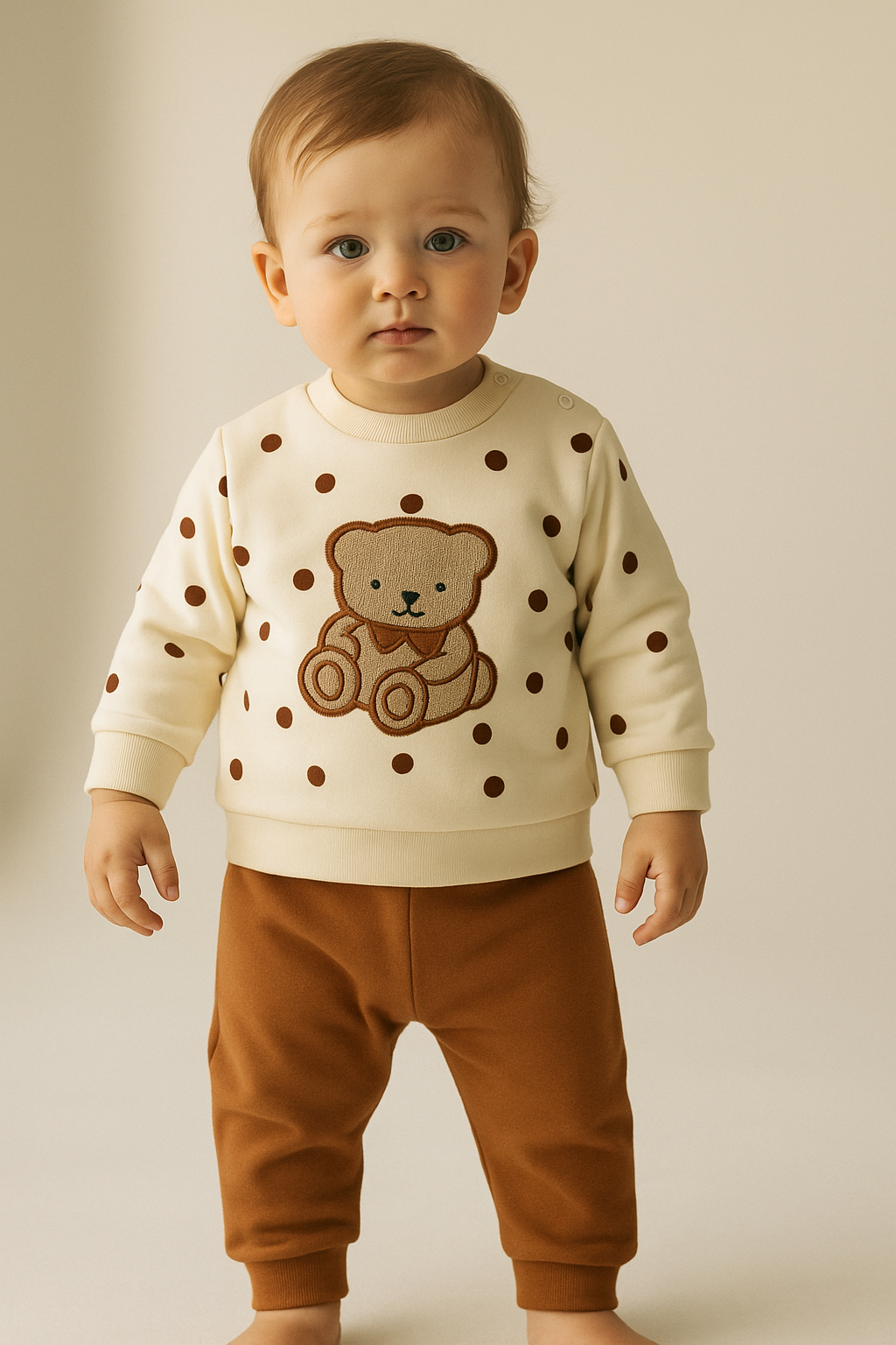 Katia & Bony Teddy Nakışlı Puantiyeli Bebek Takım Ekru