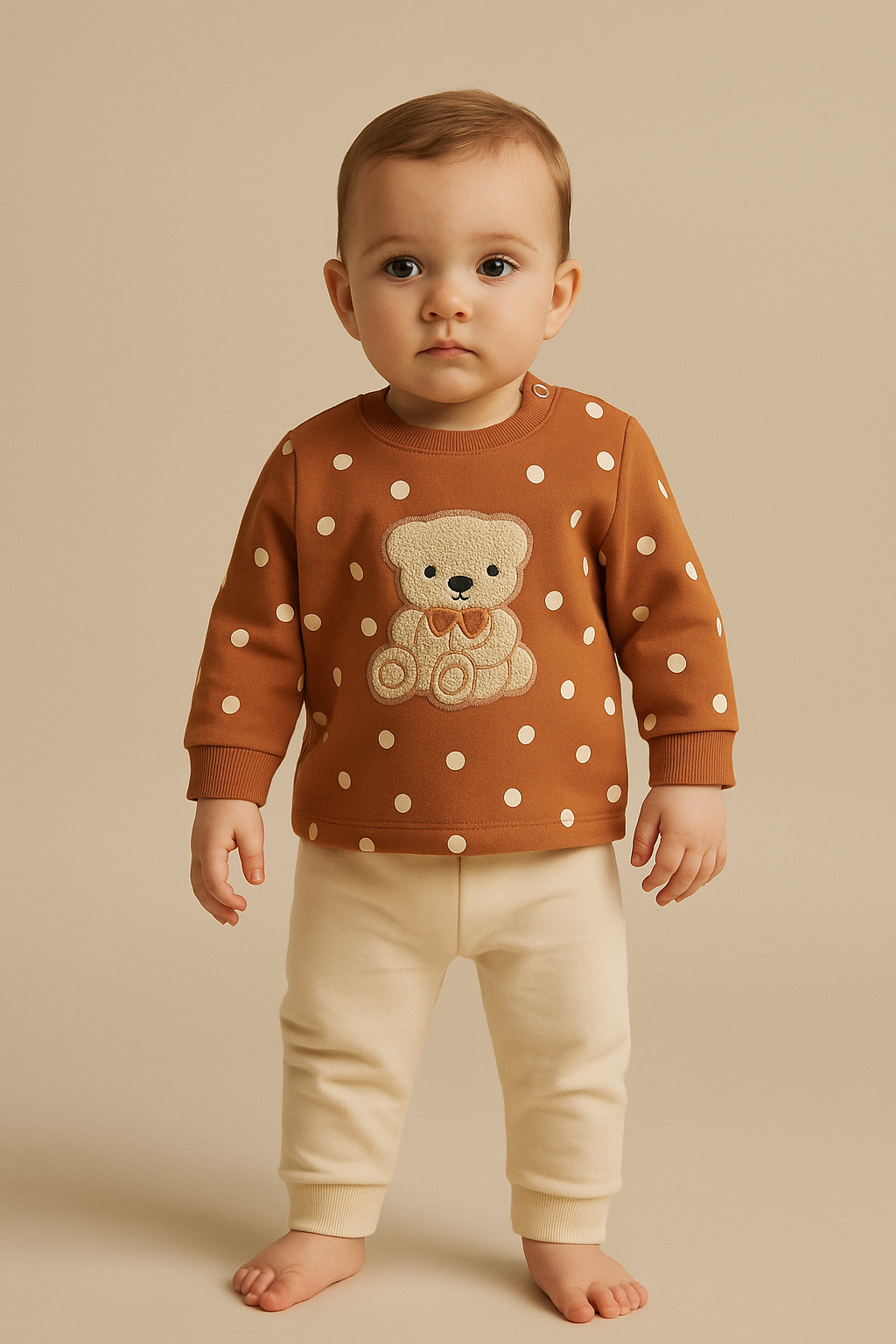 Katia & Bony Teddy Nakışlı Puantiyeli Bebek Takım Kahverengi