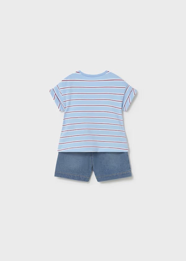Mayoral Erkek Bebek Kısa Kol Şort Tshirt Takım Denim Çizgili