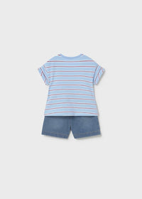 Mayoral Erkek Bebek Kısa Kol Şort Tshirt Takım Denim Çizgili