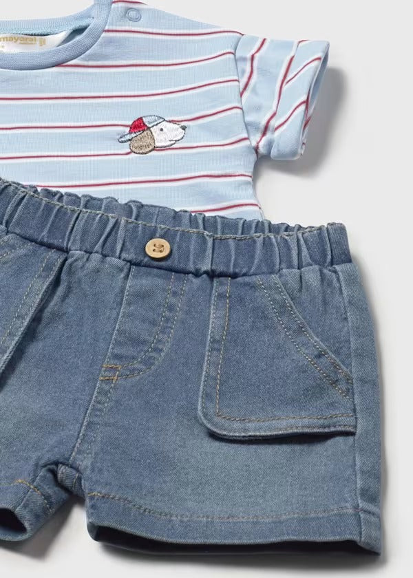 Mayoral Erkek Bebek Kısa Kol Şort Tshirt Takım Denim Çizgili