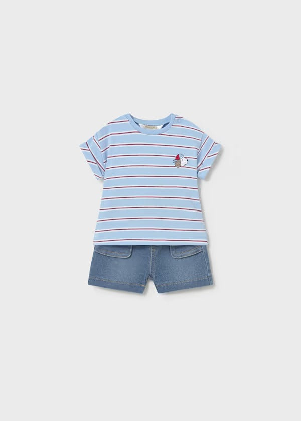 Mayoral Erkek Bebek Kısa Kol Şort Tshirt Takım Denim Çizgili