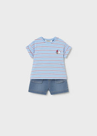 Mayoral Erkek Bebek Kısa Kol Şort Tshirt Takım Denim Çizgili