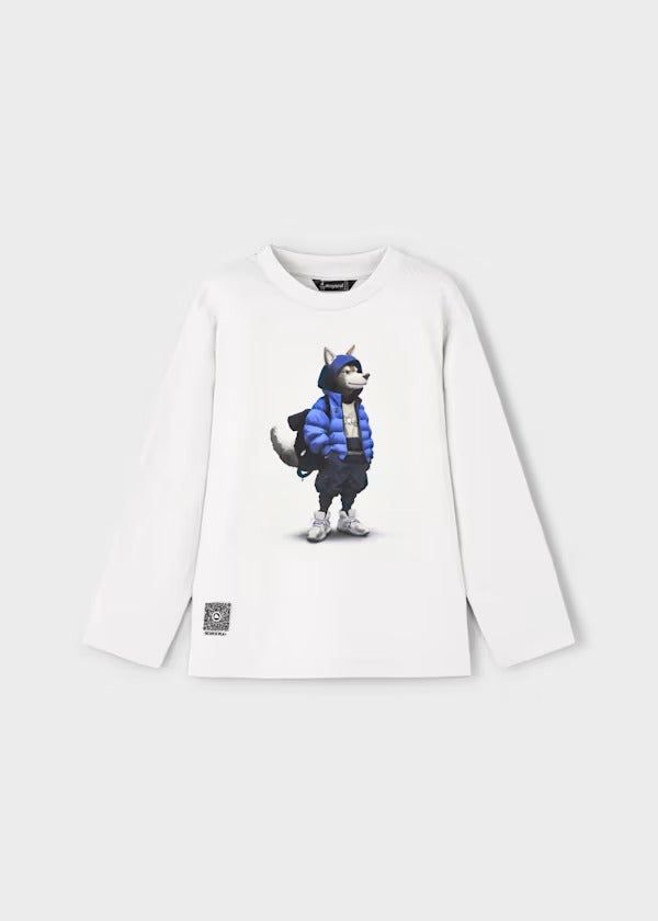 Mayoral Erkek Çocuk Uzun Kol Tshirt Kurt Baskılı Beyaz