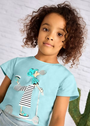 Mayoral Kız Çocuk Kısa Kol Tshirt Mavi Simli Baskılı
