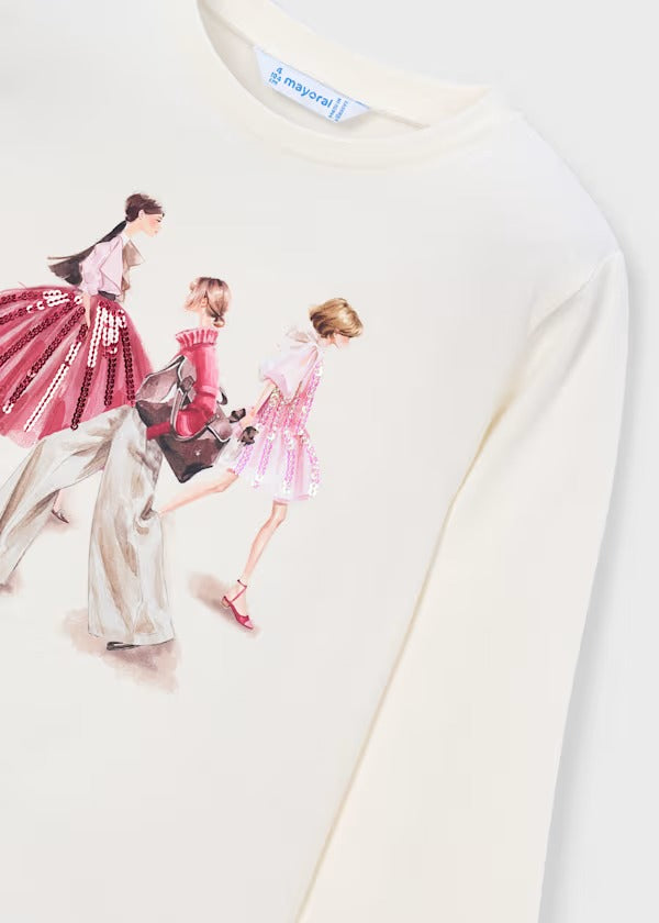 Mayoral Kız Çocuk Uzun Kol Tshirt Balerin Baskılı Ekru
