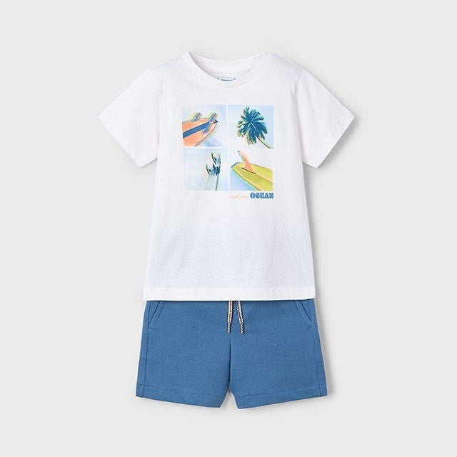 Mayoral Erkek Çocuk Kısa Kol Tshirt Şort Takım Mavi Beyaz