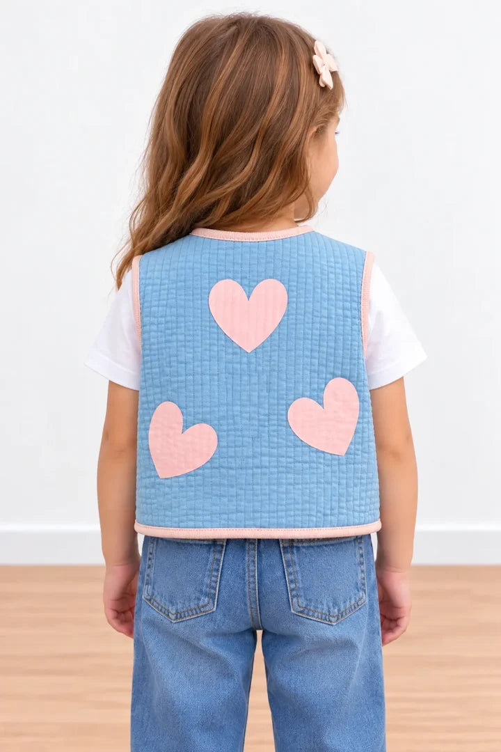 Miela Kids Kalp Desenli Kapitone Crop Çocuk Yelek Gök Mavisi