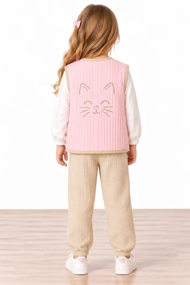 Miela Kids Kontrast Biyeli Kapitone Yelek Little Kitty Şeker Pembesi