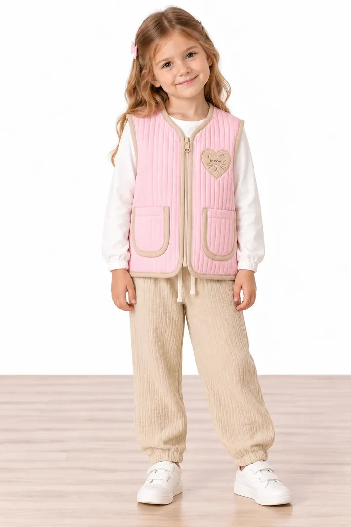 Miela Kids Kontrast Biyeli Kapitone Yelek Little Kitty Şeker Pembesi