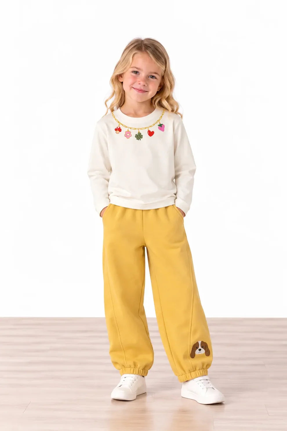 Miela Kids Uzun Kollu Tshirt Beyaz Charm Detaylı