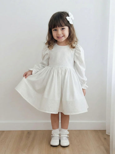 Rg Kız Çocuz Uzun Kol Fırfırlı Simli Elbise Beyaz