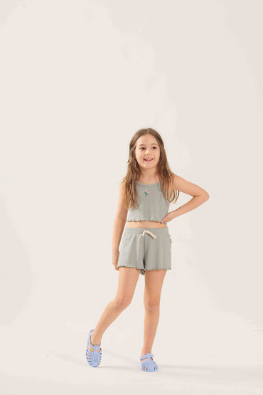 Miela Kids Takım 1-2 Miela Kids Crop Takım Fitilli Flora Nakışlı Mint