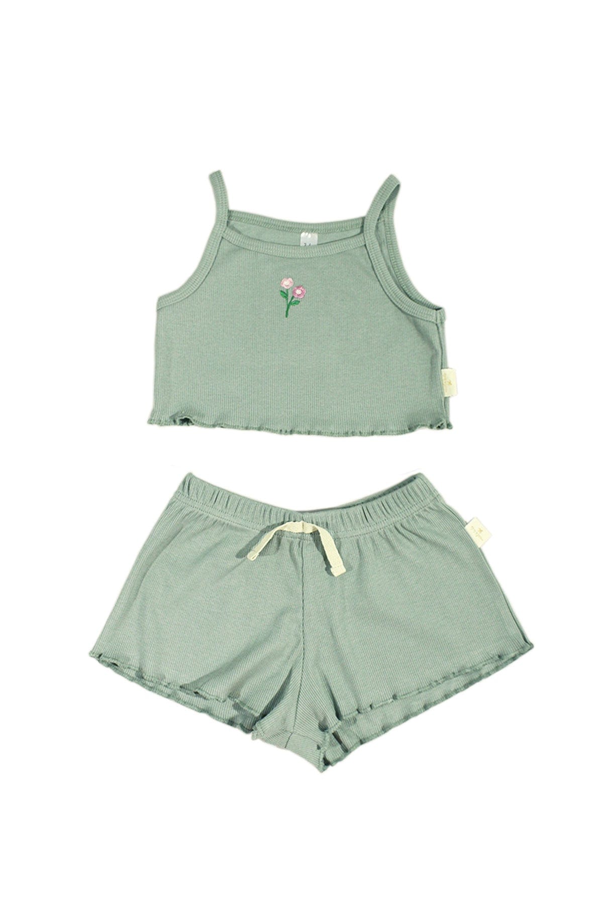 Miela Kids Takım Miela Kids Crop Takım Fitilli Flora Nakışlı Mint