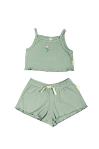 Miela Kids Takım Miela Kids Crop Takım Fitilli Flora Nakışlı Mint